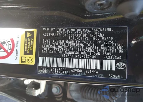 2016 Toyota Camry Le/Xle/Se/Xse z USA, uszkodzony, nr VIN 4T4BF1FK1GR567439